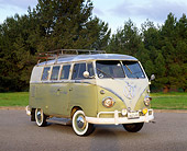 AUT 21 RK1180 03
1959 Volkswagen Transporter Bus Green And White 3/4 Front View On Pavement By Grass And Trees