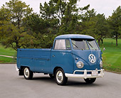 AUT 21 RK1203 02
1959 Volkswagen Type 2 Single-Cab Blue 3/4 Front View On Pavement