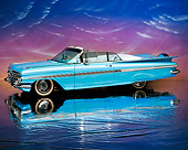AUT 21 RK1268 02
1959 Chevy Impala Lowrider Convertible Blue 3/4 Side View On Mylar Floor Pink Clouds