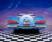 AUT 21 RK1271 04
1959 Chevy Impala Lowrider Convertible Blue Low Rear Shot On Checkerboard Pink Clouds