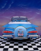 AUT 21 RK1272 09
1959 Chevy Impala Lowrider Convertible Blue Rear Shot On Checkerboard Pink Clouds