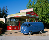 AUT 21 RK1275 03
1955 VW Barn Door Panel Bus Blue 3/4 Side View By Gas Station