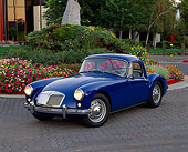 AUT 21 RK1461 01
1958 MGA Coupe Blue 3/4 Front View On Pavement By Flowers