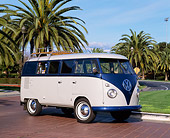 AUT 21 RK1496 02
1956 Volkswagen Microbus Blue And White 3/4 Front View By Palm Trees