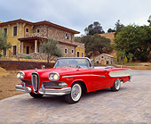 AUT 21 RK1579 02
1958 Edsel Pacer Convertible Red And White 3/4 Front View On Driveway By House