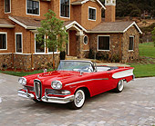 AUT 21 RK1583 05
1958 Edsel Pacer Convertible Red And White 3/4 Front View On Driveway By House