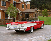 AUT 21 RK1585 02
1958 Edsel Pacer Convertible Red And White Low 3/4 Rear View On Driveway By House