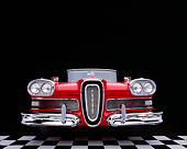 AUT 21 RK1587 20
1958 Edsel Pacer Convertible Red And White Low Head On Shot On Checkered Floor Studio