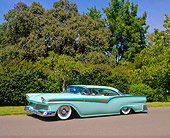 AUT 21 RK1643 01
1957 Ford Fairlane Custom Light Blue 3/4 Side View On Pavement By Trees