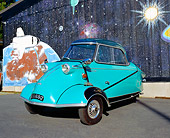 AUT 21 RK1730 01
1958 Messerschitt KR 200 Microcar Turquoise 3/4 Front View On Pavement
