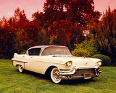 AUT 21 RK1800 04
1957 Cadillac De Ville Creme And Blue 3/4 Front View On Grass By Trees