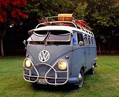 AUT 21 RK1828 01
1958 Volkswagen Double Door Bus Dove Blue 3/4 Front View On Grass