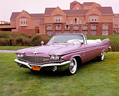 AUT 21 RK2017 01
1959 Chrysler Imperial Crown Convertible Lavender 3/4 Front View On Grass By Building