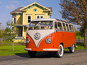 AUT 21 RK2087 01
1956 Volkswagen Deluxe Microbus Salmon And Tan Low 3/4 Front View On Pavement