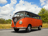 AUT 21 RK2091 01
1954 Volkswagen Bus Black And Red Low 3/4 Front View On Pavement