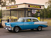 AUT 21 RK2099 01
1956 Chevrolet 210 Blue And Silver 3/4 Side View On Pavement