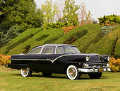 AUT 21 RK2117 01
1955 Ford Crown Victoria Black Front 3/4 View On Grass By Shrubs Tree Sky