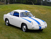 AUT 21 RK2136 01
1959 Fiat Abarth 750 Zagato White With Blue Stripes Front 3/4 View On Grass