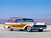 AUT 21 RK2137 01
1959 Mercury Colony Park Wagon White & Red With Woodgrain Paneling 3/4 Front View On Pavement By Hills Sky