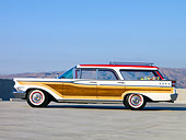 AUT 21 RK2140 01
1959 Mercury Colony Park Wagon White & Red With Woodgrain Paneling Profile View On Pavement By Hills Sky