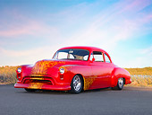 AUT 21 RK2265 01
1950 Oldsmobile 88 Hot Rod Red With Flames Custom Coupe 3/4 Front View On Pavement By Water
