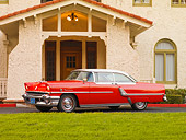 AUT 21 RK2285 01
1955 Mercury Montclair Red And White 3/4 Front View On Pavement By Building And Grass