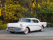 AUT 21 RK2295 01
1957 Buick Roadmaster Convertible White 3/4 Front View On Road By Trees