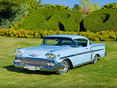 AUT 21 RK2306 01
1958 Chevrolet Impala Hardtop Light Blue 3/4 Front View On Grass By Hedge