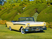 AUT 21 RK2307 01
1957 Ford Fairlane 500 Convertible Yellow And White 3/4 Front View On Grass By Hedge