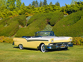 AUT 21 RK2308 01
1957 Ford Fairlane 500 Convertible Yellow And White 3/4 Front View On Grass By Hedge