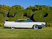 AUT 21 RK2311 01
1959 Cadillac Coupe White Profile View On Grass By Hedge