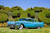 AUT 21 RK2317 01
1958 Cadillac Series 62 Coupe Blue 3/4 Front View On Grass By Hedge