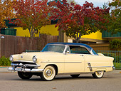 AUT 21 RK2323 01
1953 Ford Crestline Victoria Ivory And Blue 3/4 Front View On Pavement By Trees
