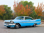 AUT 21 RK2324 01
1959 Plymouth Belvedere Blue And White 3/4 Front View On Pavement By Trees
