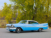 AUT 21 RK2325 01
1959 Plymouth Belvedere Blue And White 3/4 Front View On Pavement By Trees