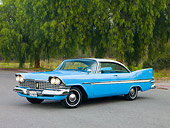 AUT 21 RK2326 01
1959 Plymouth Belvedere Blue And White 3/4 Front View On Pavement By Trees