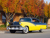 AUT 21 RK2331 01
1956 Ford Fairlane Convertible Black And Yellow 3/4 Front View On Pavement By Autumn Trees