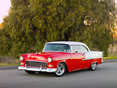 AUT 21 RK2334 01
1955 Chevrolet Bel Air Red And White 3/4 Front View On Pavement By Trees