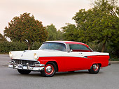 AUT 21 RK2338 01
1956 Ford Customline Victoria Red And White 3/4 Front View On Pavement By Trees