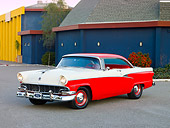 AUT 21 RK2339 01
1956 Ford Customline Victoria Red And White 3/4 Front View On Pavement By Building