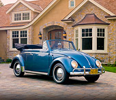 AUT 21 RK2356 01
1959 Volkswagen Cabriolet Beetle Blue 3/4 Front View On Driveway By House