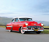AUT 21 RK2392 01
1954 Chevrolet Bel Air Red And White 3/4 Front View On Pavement By Hills
