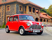 AUT 22 BK0023 01
1961 Mini Mark I Red With White Stripes 3/4 Front View On Pavement By Building