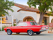 AUT 22 BK0035 01
1963 Plymouth Fury Red 3/4 Rear View On Pavement By Building