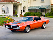 AUT 22 BK0077 01
1973 Dodge Charger 440 Magnum R/T Orange With Black Stripe 3/4 Front View On Pavement By Building
