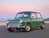 AUT 22 BK0085 01
1967 Austin Mini Cooper Mark II Green 3/4 Front View On Pavement By Water At Dusk