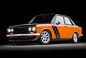 AUT 22 BK0089 01
1969 Datsun 510 Orange And Black 3/4 Front View In Studio