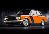 AUT 22 BK0090 01
1969 Datsun 510 Orange And Black 3/4 Front View In Studio