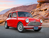 AUT 22 BK0096 01
1966 Austin Mini Cooper S Sunset Red 3/4 Front View On Pavement By Red Rock