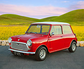 AUT 22 BK0098 01
1969 Morris Mini MKZ Red And White 3/4 Front View On Pavement By Grassy Hills